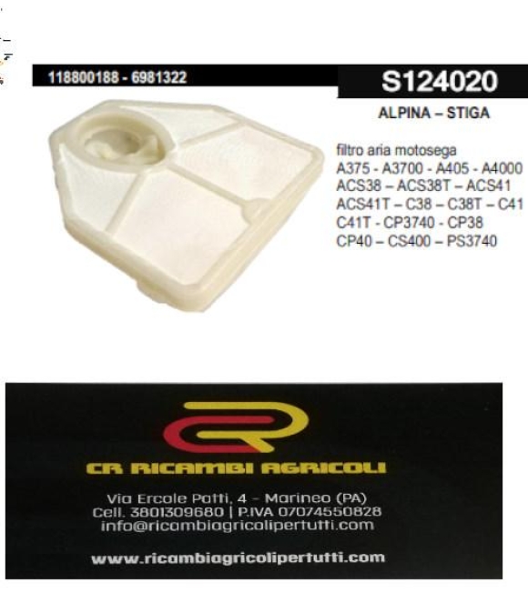 Immagine 0 di ALPINA – STIGA filtro aria motosega A375 - A3700 - A405 - A4000 ACS38 – ACS38T – ACS41 ACS41T – C38 – C38T – C41 C41T - CP3740 - CP38 CP40 – CS400 – PS3740